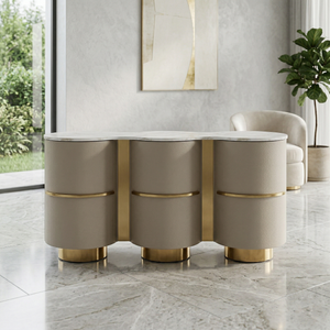 Rafael Extendable Console Table with Marble Top 145cm – Gold Stainless Steel Curved Storage Cabinet