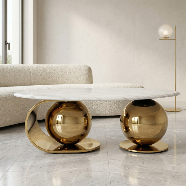 Athena Marble Coffee Table Set – Luxury Gold Stainless Steel & Side Table Set with Modern Sculptural Base