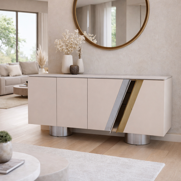 Alexandra Console Table 180cm - Sintered Stone Top, Mirror Gold & Silver Stainless Steel