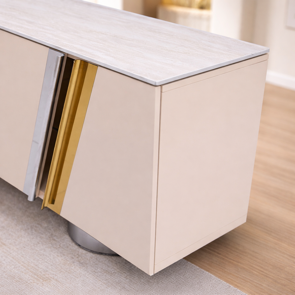 Alexandra Console Table 180cm - Sintered Stone Top, Mirror Gold & Silver Stainless Steel