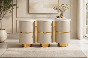 Rafael Extendable Console Table with Marble Top 145cm – Gold Stainless Steel Curved Storage Cabinet