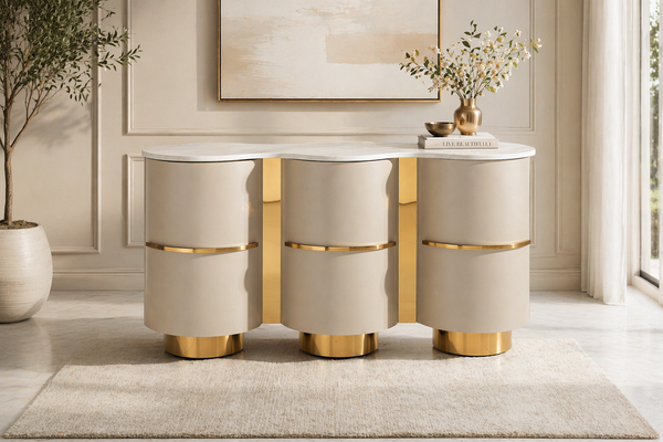 Rafael Extendable Console Table with Marble Top 145cm – Gold Stainless Steel Curved Storage Cabinet