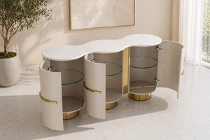 Rafael Extendable Console Table with Marble Top 145cm – Gold Stainless Steel Curved Storage Cabinet