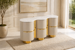 Rafael Extendable Console Table with Marble Top 145cm – Gold Stainless Steel Curved Storage Cabinet