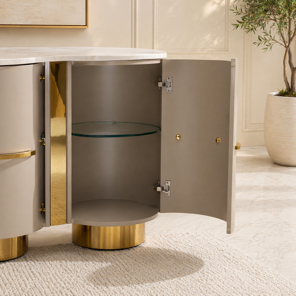 Rafael Extendable Console Table with Marble Top 145cm – Gold Stainless Steel Curved Storage Cabinet