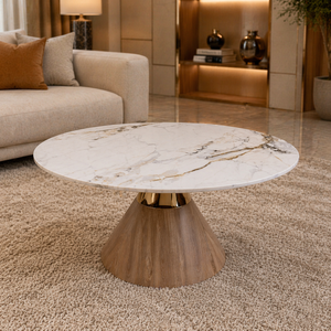 Lydia 150cm Round Marble Dining Table – Luxury Gold & Wood Base