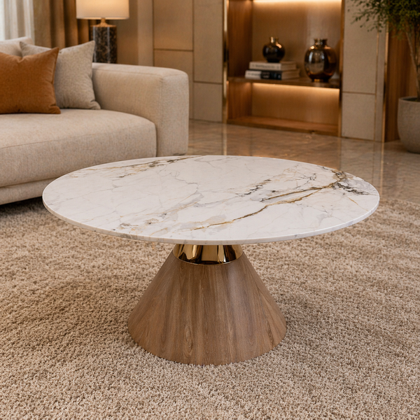 Lydia 150cm Round Marble Dining Table – Luxury Gold & Wood Base