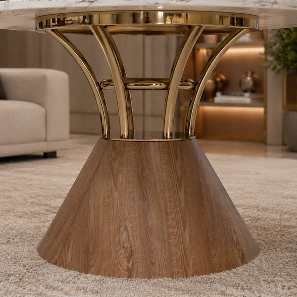 Lydia 150cm Round Marble Dining Table – Luxury Gold & Wood Base