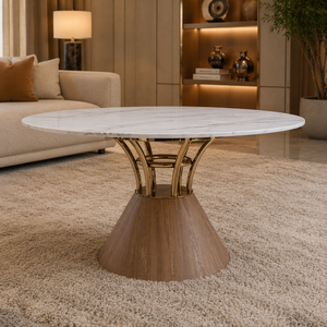 Lydia 150cm Round Marble Dining Table – Luxury Gold & Wood Base