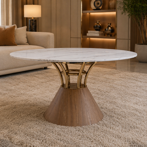 Lydia 150cm Round Marble Dining Table – Luxury Gold & Wood Base
