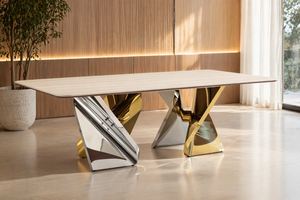 Alexandra 240cm Sintered Stone Dining Table – Luxury Gold & Silver Stainless Steel Base