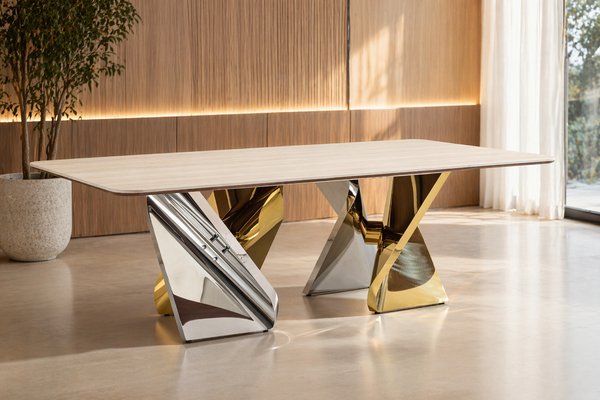 Alexandra 240cm Sintered Stone Dining Table – Luxury Gold & Silver Stainless Steel Base