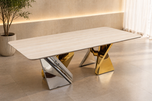 Alexandra 240cm Sintered Stone Dining Table – Luxury Gold & Silver Stainless Steel Base