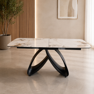 Chloe Extendable Sintered Stone Dining Table 180–220cm – Marble Look Dining Table with Black Iron Base