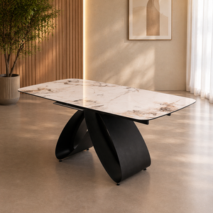 Chloe Extendable Sintered Stone Dining Table 180–220cm – Marble Look Dining Table with Black Iron Base