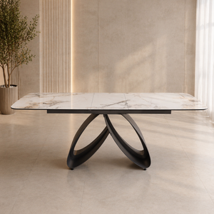 Chloe Extendable Sintered Stone Dining Table 180–220cm – Marble Look Dining Table with Black Iron Base