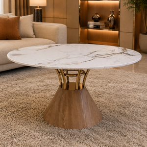 Lydia 150cm Round Marble Dining Table – Luxury Gold & Wood Base