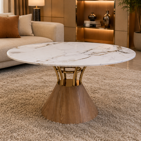 Lydia 150cm Round Marble Dining Table – Luxury Gold & Wood Base