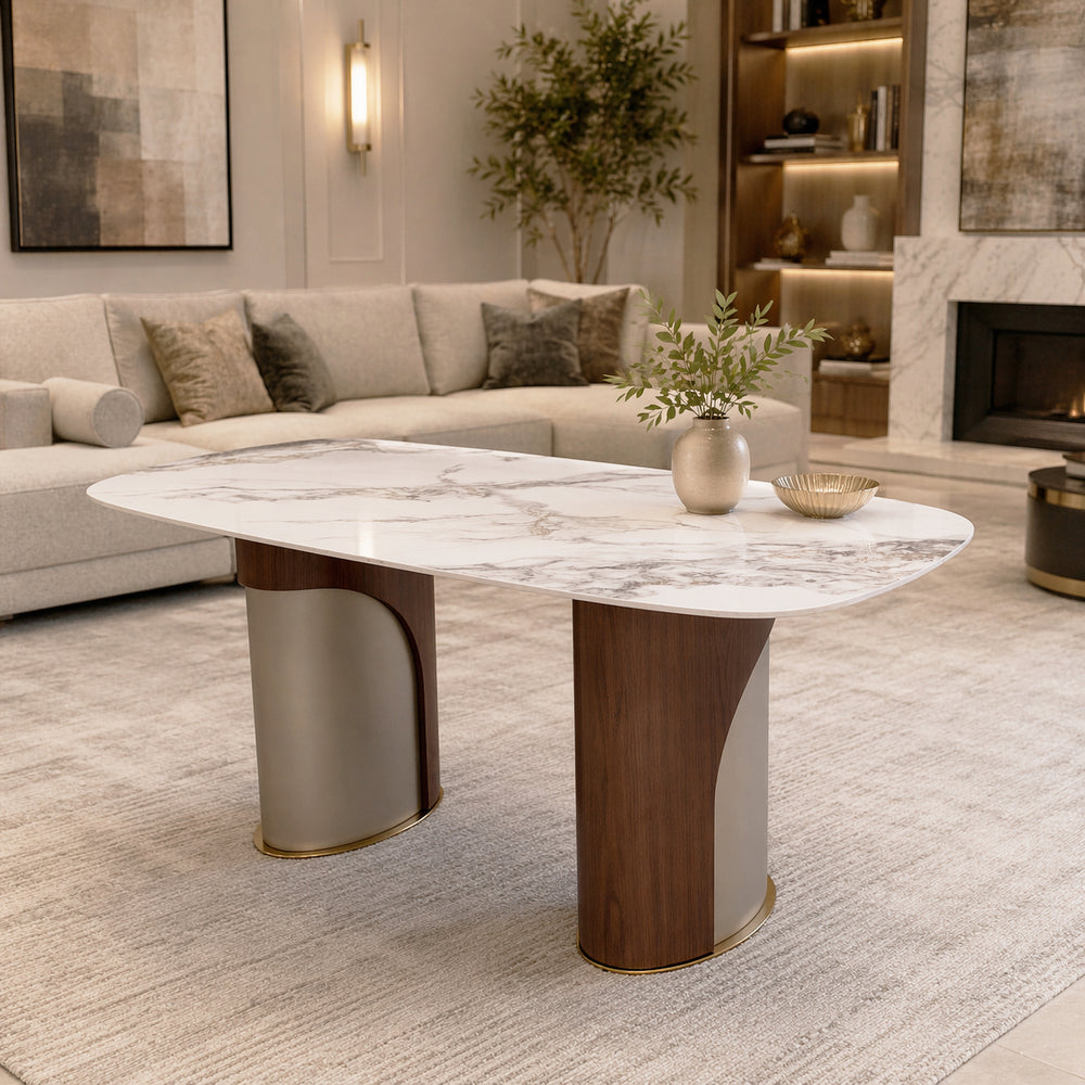 Eleanor Marble Dining Table 180cm – Marble Top & Dual-Tone Stainless Steel Base