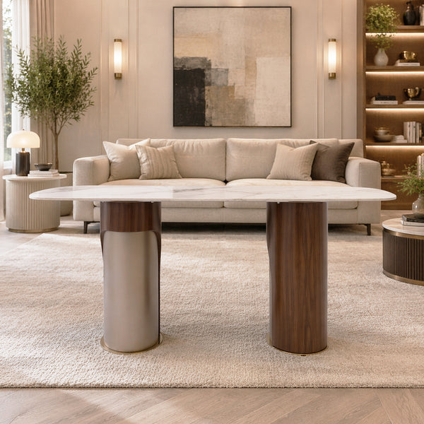 Eleanor Marble Dining Table 180cm – Marble Top & Dual-Tone Stainless Steel Base