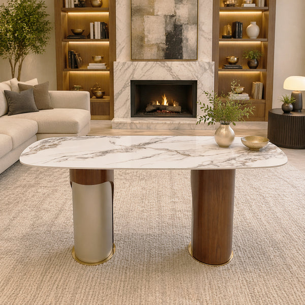 Eleanor Marble Dining Table 180cm – Marble Top & Dual-Tone Stainless Steel Base