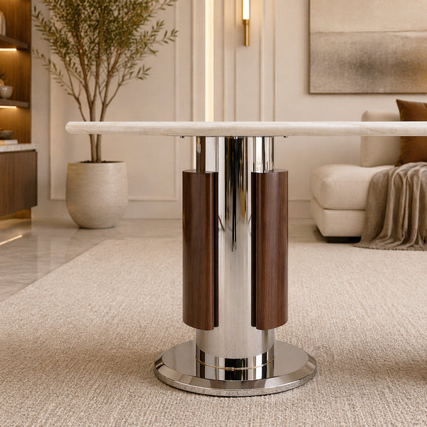 Iris Marble Dining Table 180cm – Luxury Oval Marble Top with Silver & Wood Base