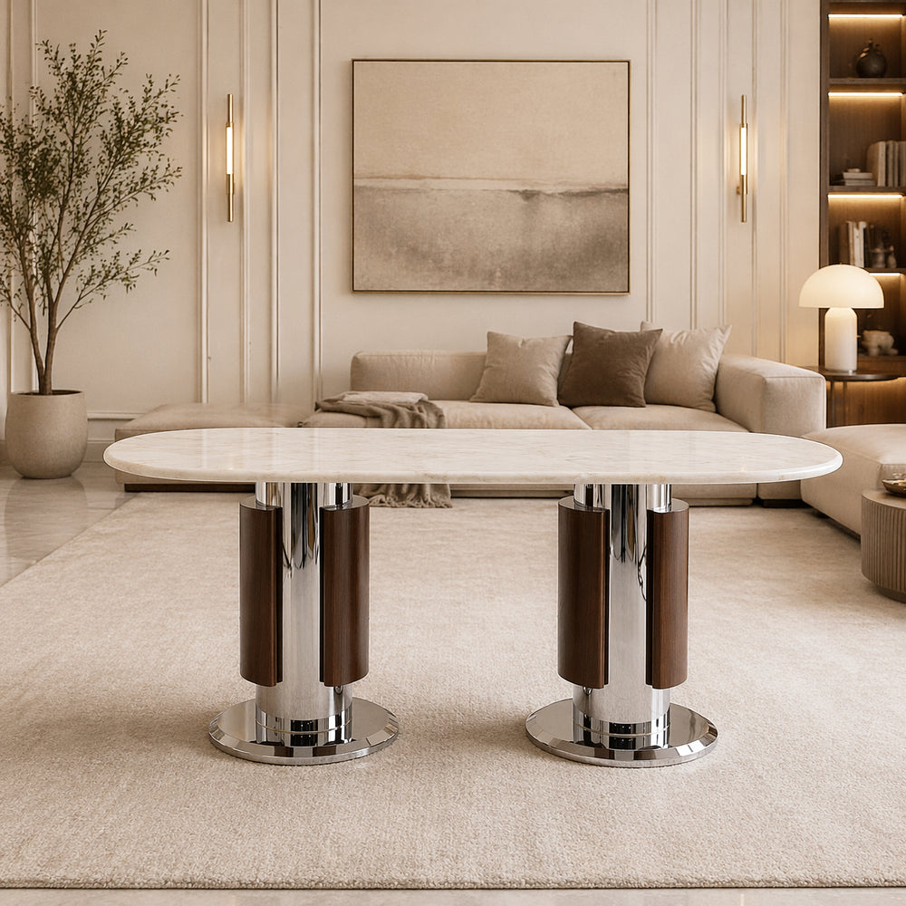 Iris Marble Dining Table 180cm – Luxury Oval Marble Top with Silver & Wood Base