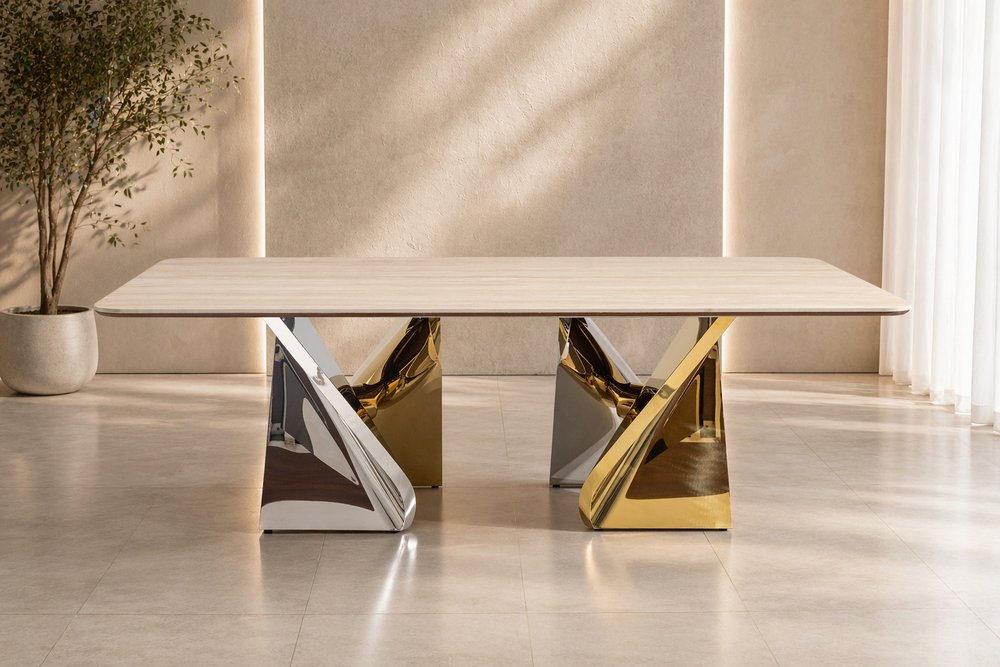 Alexandra 240cm Sintered Stone Dining Table – Luxury Gold & Silver Stainless Steel Base