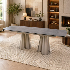 Penelope Extendable Sintered Stone Dining Table 180–240cm – Black Iron Base Dining Table for 6–10 Seaters