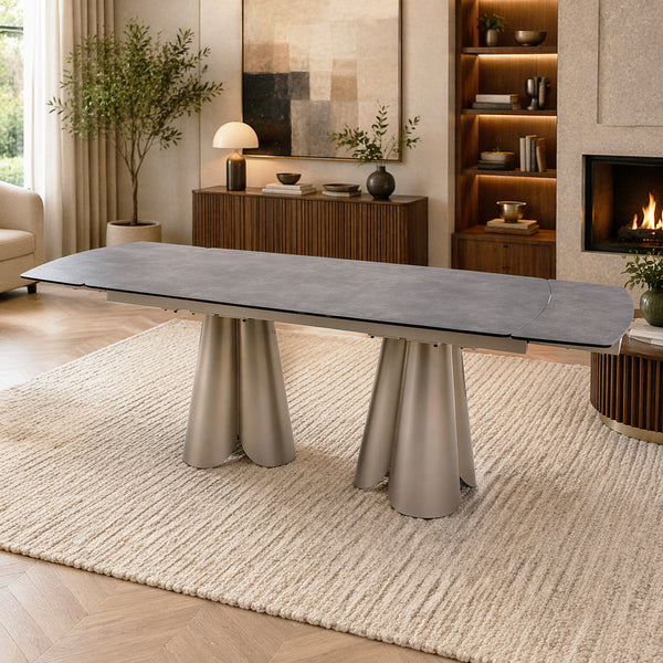 Penelope Extendable Sintered Stone Dining Table 180–240cm – Black Iron Base Dining Table for 6–10 Seaters