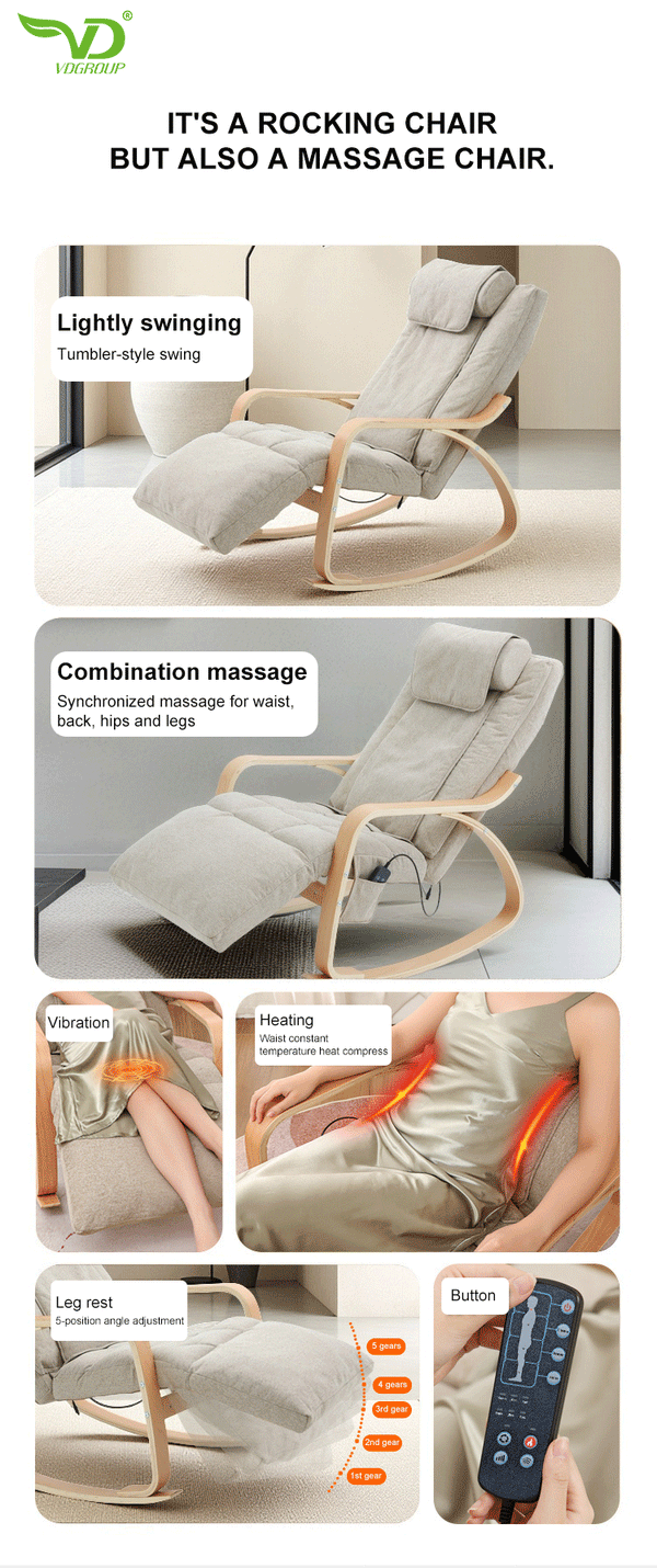 VD Rocking Massage Chair with Heat & Vibration – Space-Saving Full Body Recliner with Synchronized Massage, Adjustable Leg Rest & Smart Remote